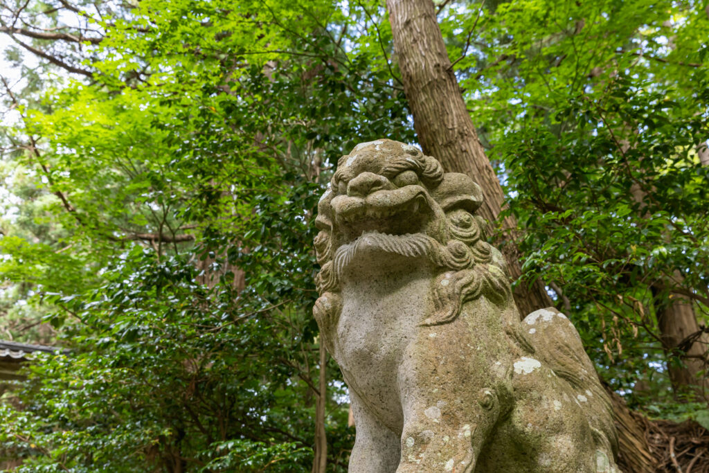 The guardian lion-dogs along the approach.
